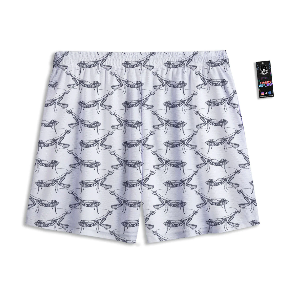 Mantis Hand Drawn Print Pattern Mesh Shorts - Image 2