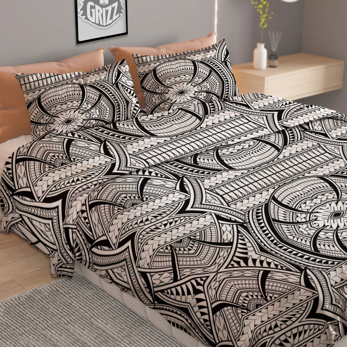 Maori Polynesian White And Black Print Duvet Cover Bedding Set - Image 2