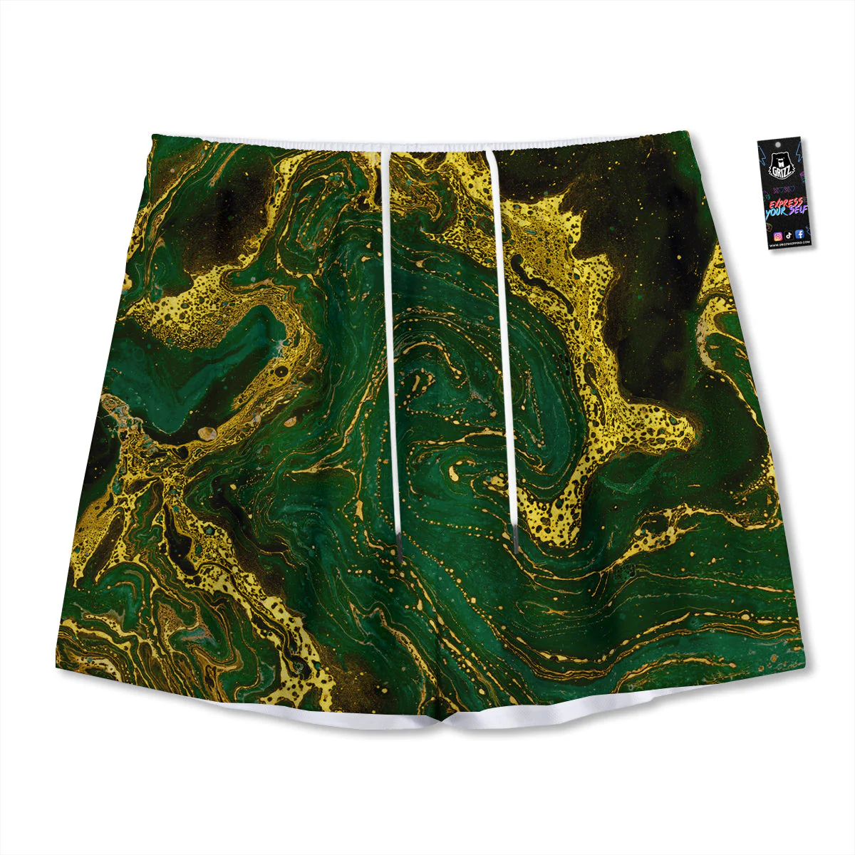 Marble Abstract texture Gold And Dark Green Print Mesh Shorts