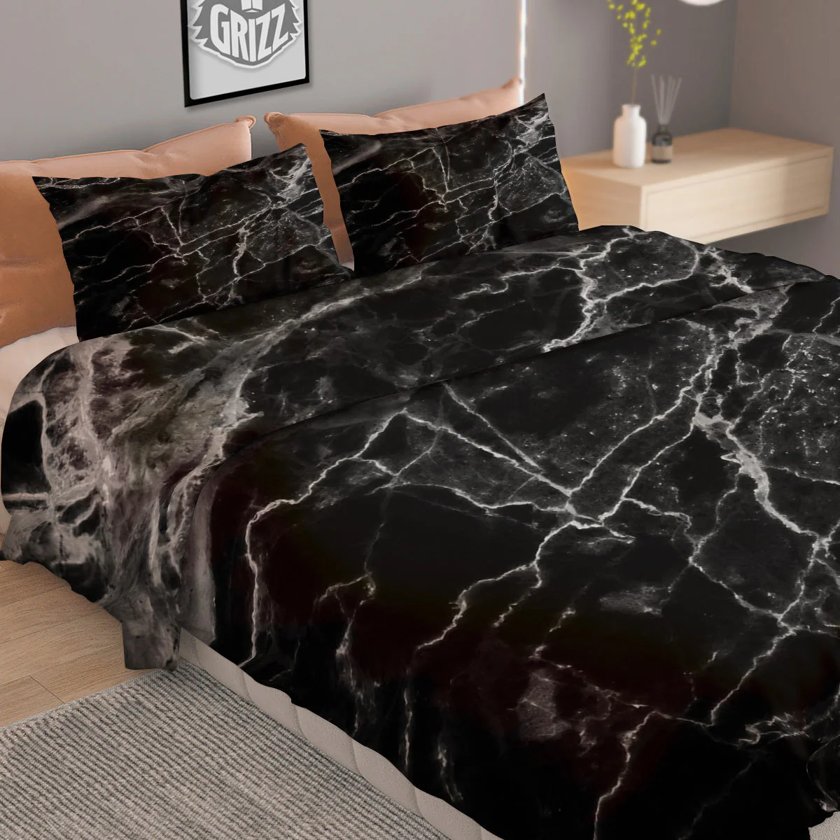 Marble Black Grey Print Duvet Cover Bedding Set - Image 2