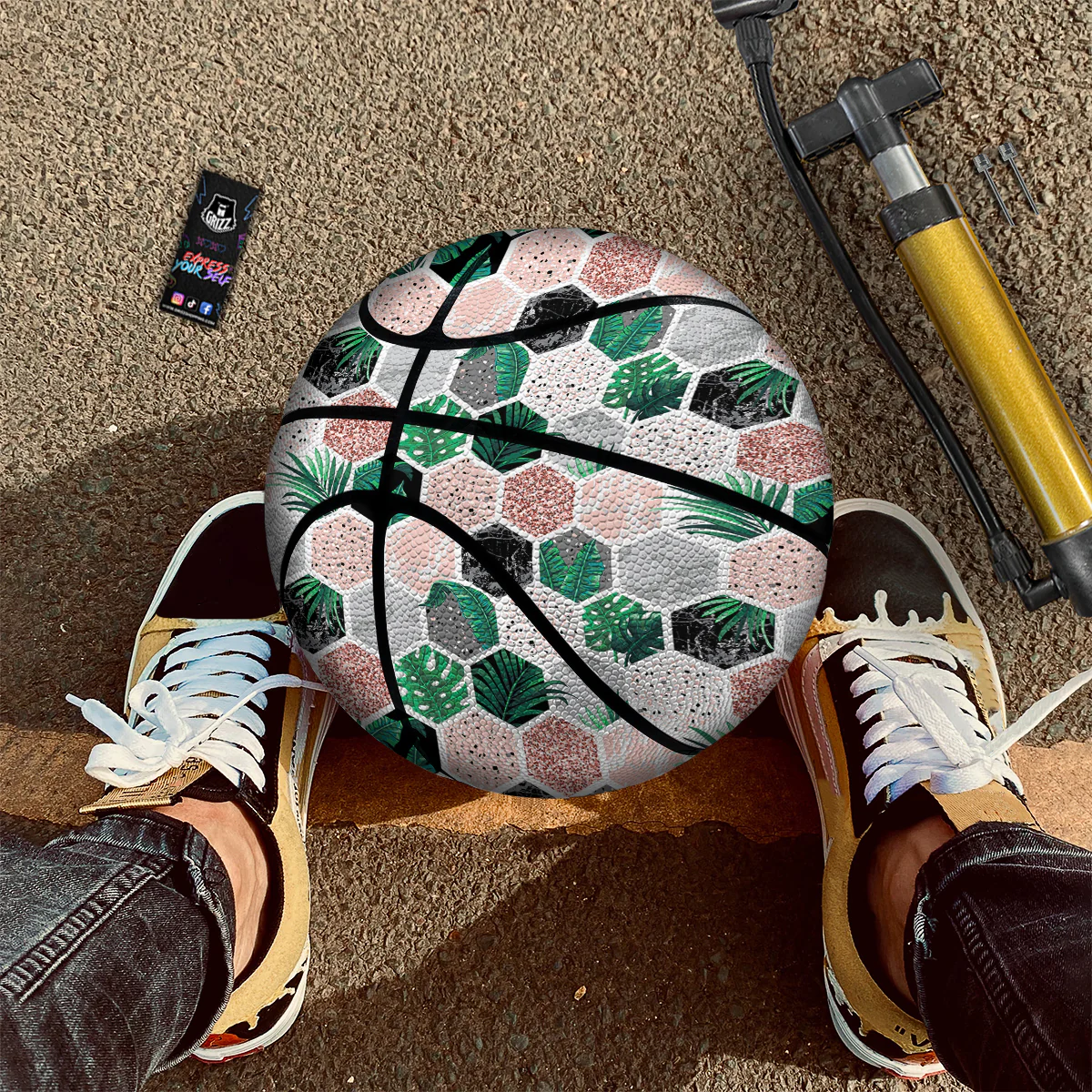 Marble Geometric And Tropical Leaves Print Basketball - Image 2