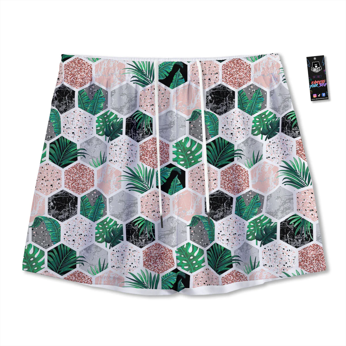 Marble Geometric And Tropical Leaves Print Mesh Shorts