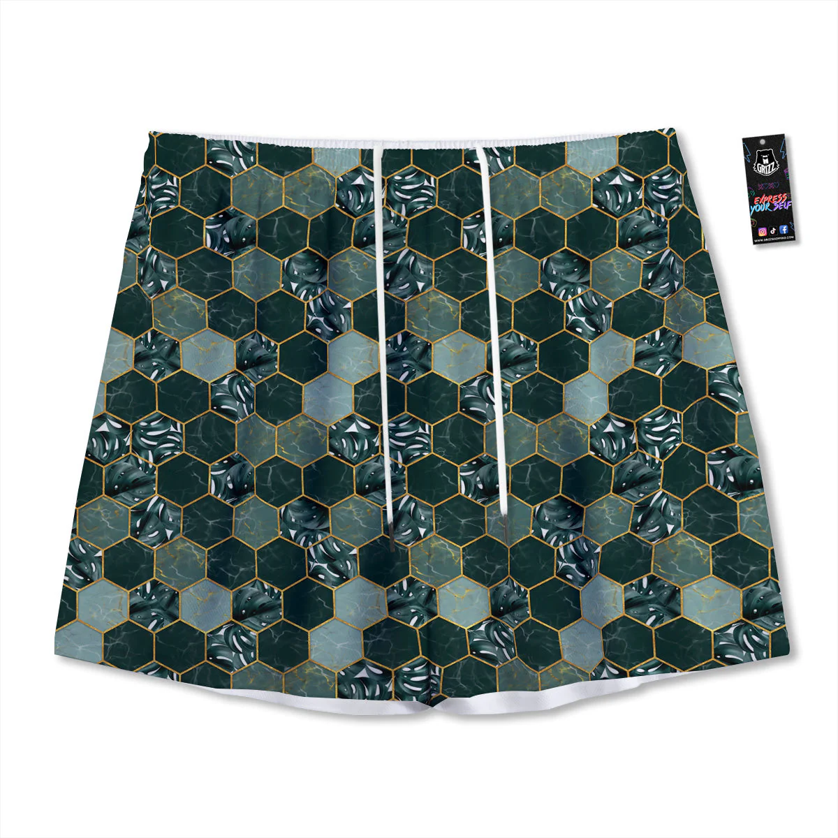 Marble Hexagon Green Tropical Print Pattern Mesh Shorts