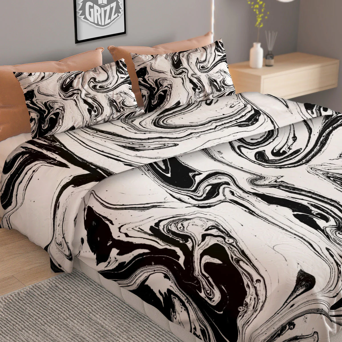 Marble Liquid Black White Print Duvet Cover Bedding Set - Image 2
