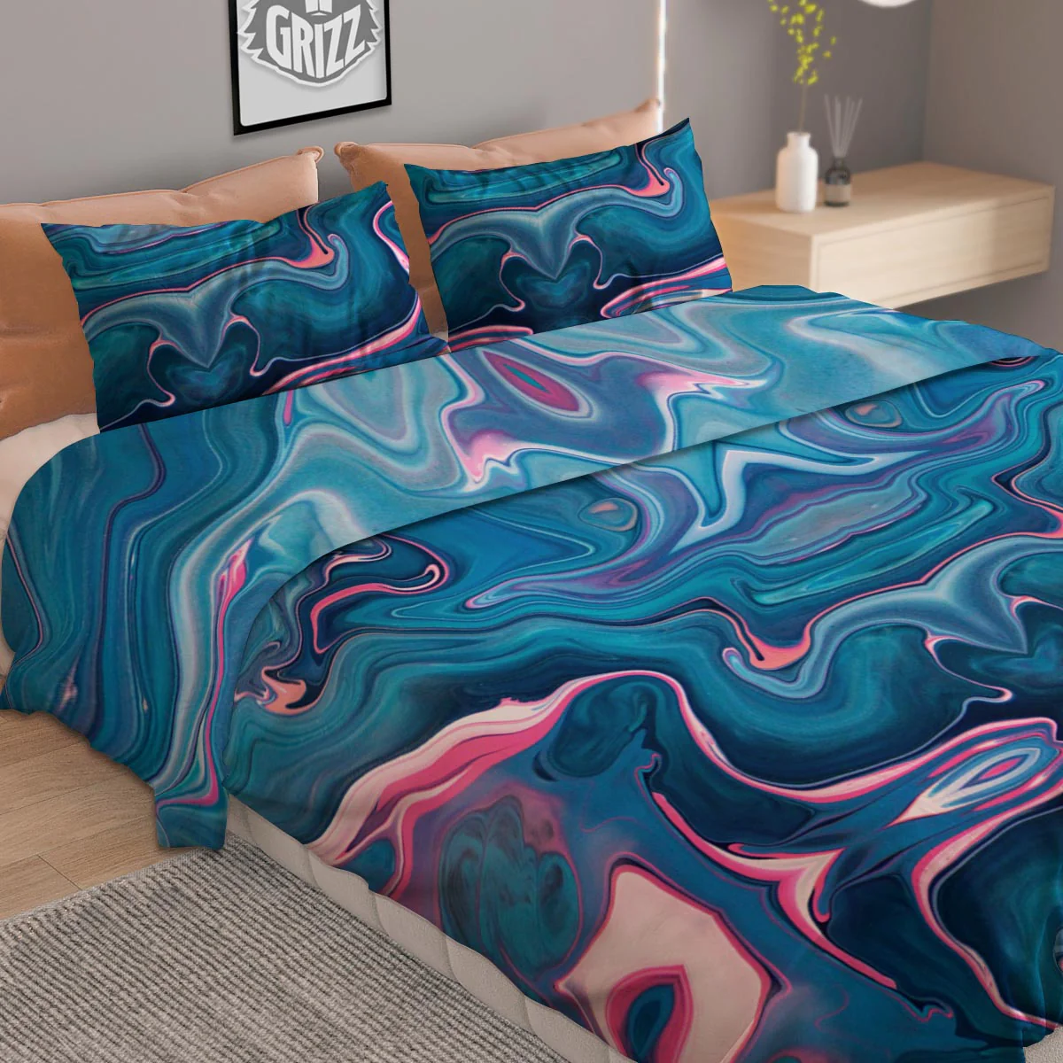 Marble Liquid Teal Pink Print Pattern Duvet Cover Bedding Set - Image 2