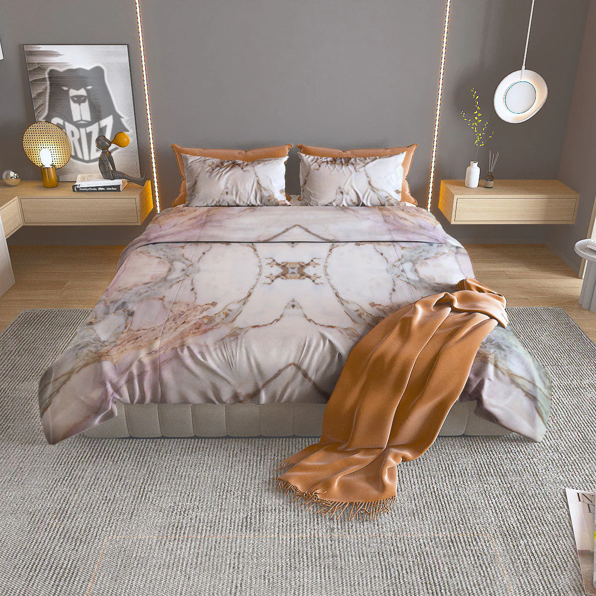 Marble Pink Grey White Print Pattern Duvet Cover Bedding Set
