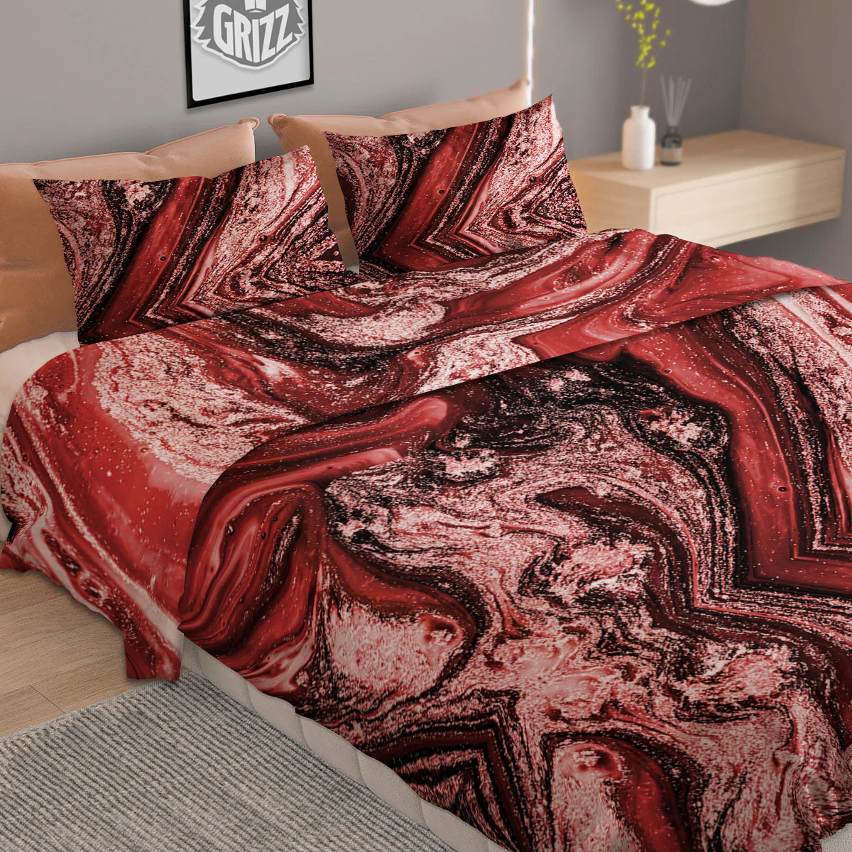 Marble Red Print Pattern Duvet Cover Bedding Set - Image 2