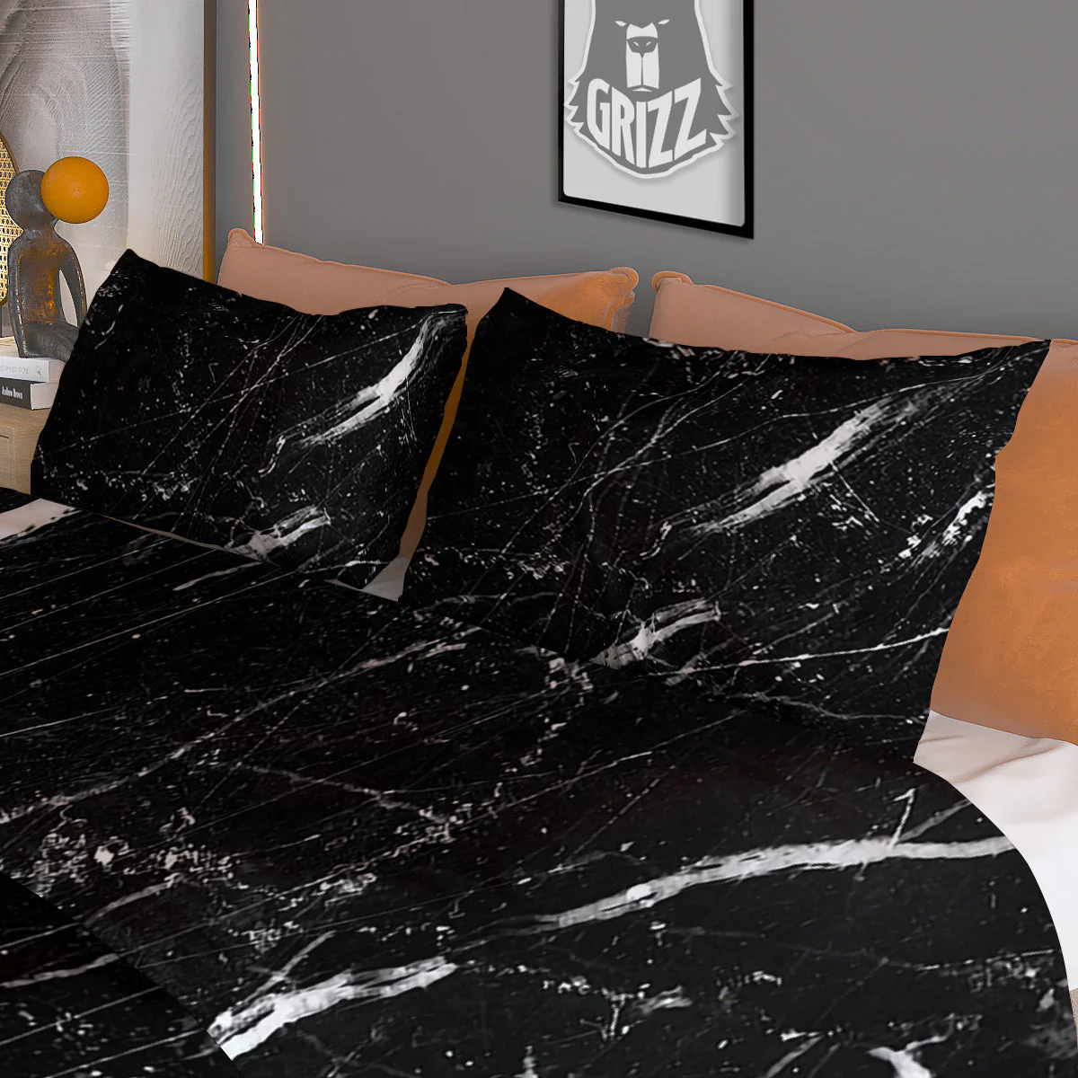 Marble White Dark Grey Print Duvet Cover Bedding Set - Image 3