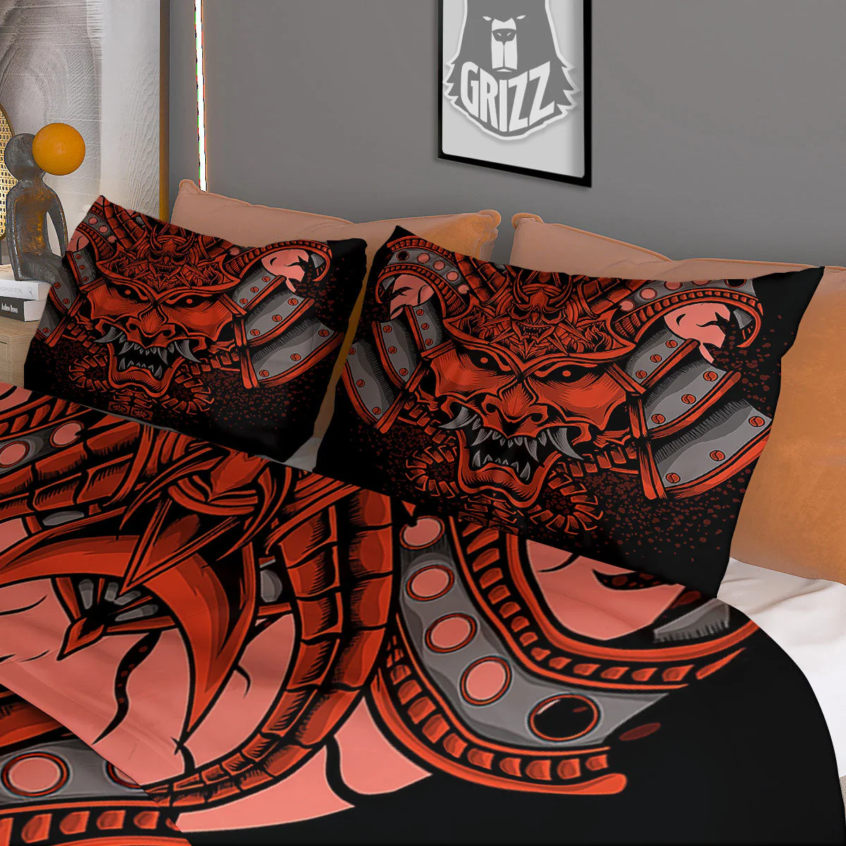 Mask Red Samurai Print Duvet Cover Bedding Set - Image 3