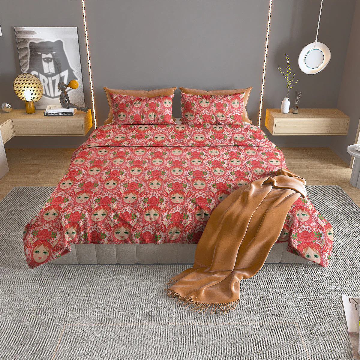 Matryoshka Traditional Pink Print Pattern Duvet Cover Bedding Set