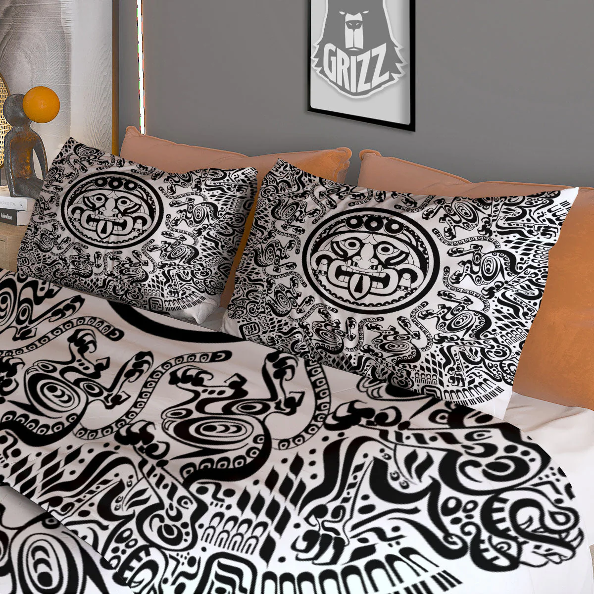 Maya Calendar White And Black Print Duvet Cover Bedding Set - Image 3
