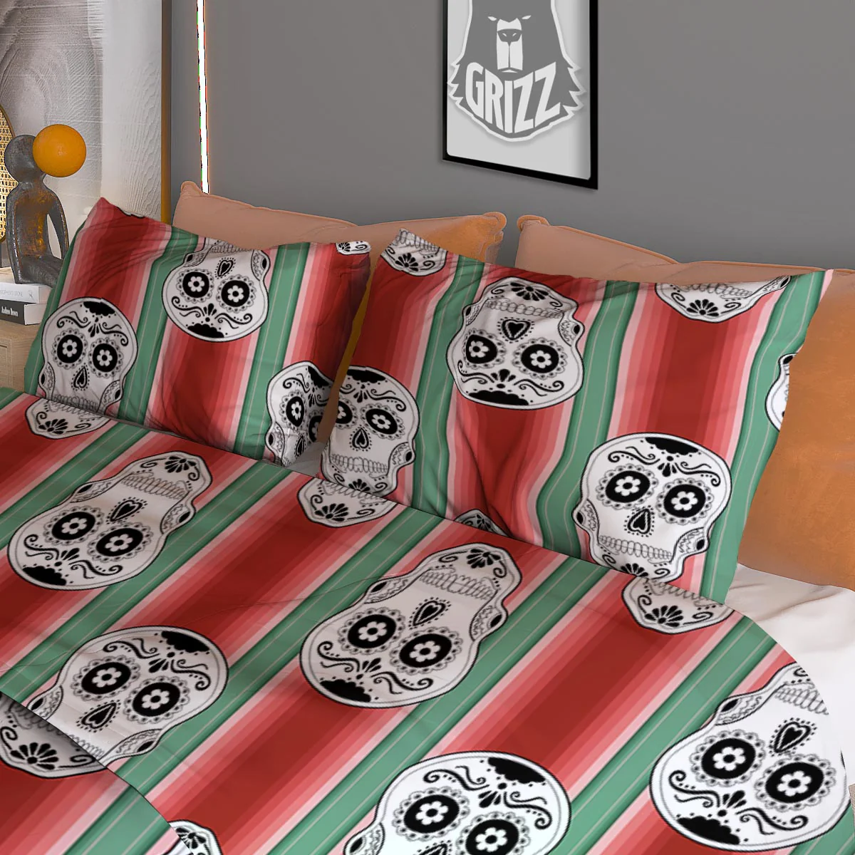 Mexican Serape Sugar Skull Print Pattern Duvet Cover Bedding Set - Image 3