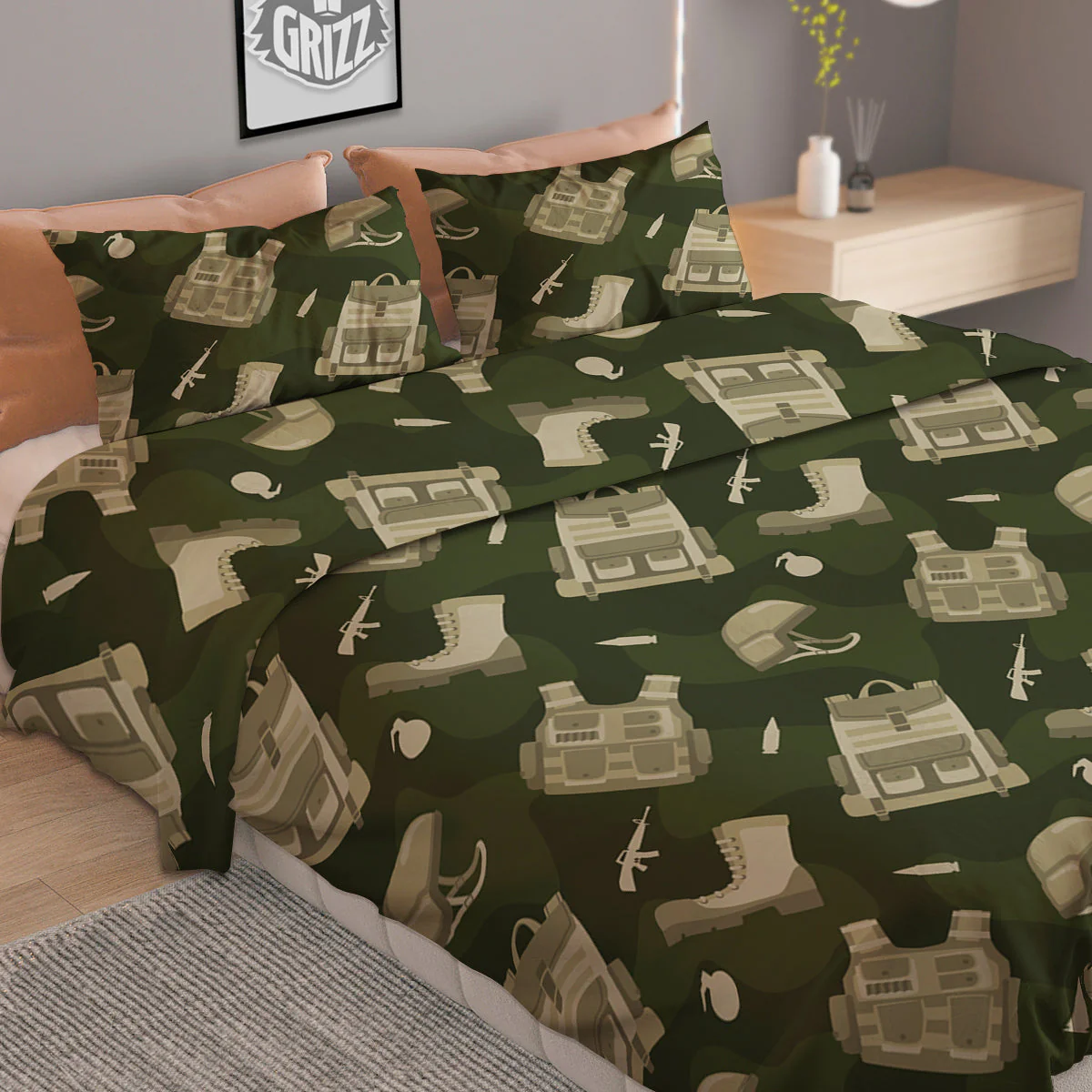 Military Helmet Backpack Print Pattern Duvet Cover Bedding Set - Image 2