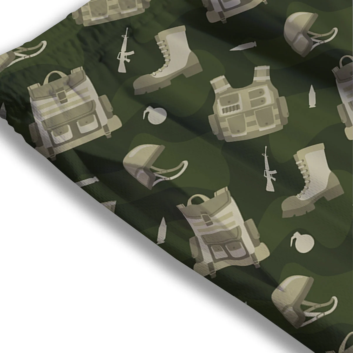 Military Helmet Backpack Print Pattern Mesh Shorts - Image 3