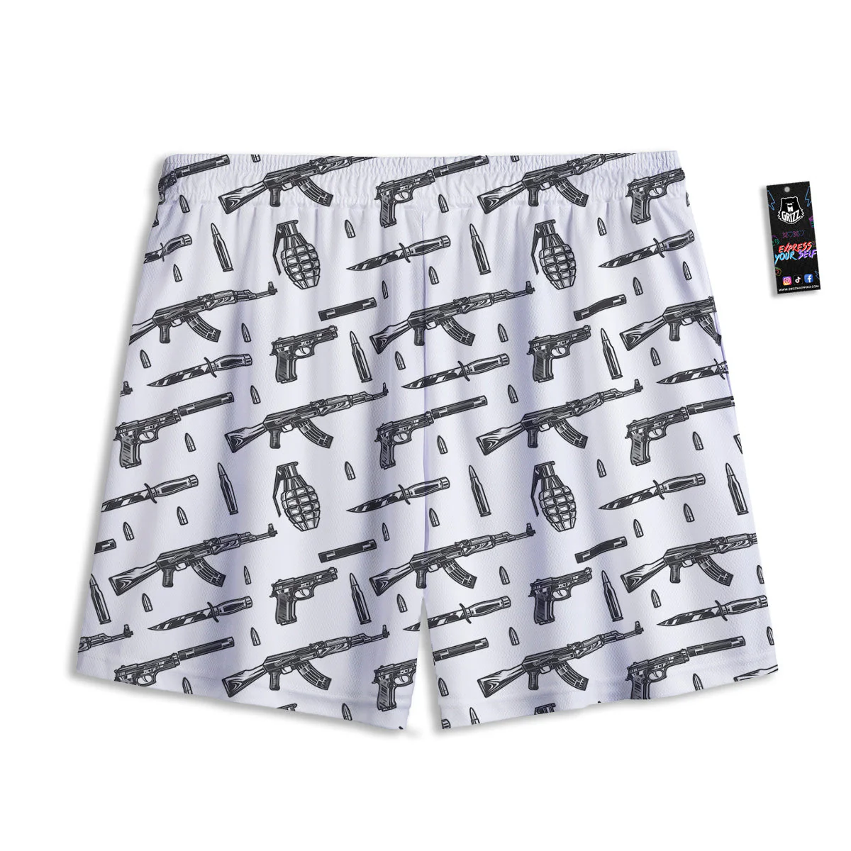Military Weapon Vintage Print Pattern Mesh Shorts - Image 2