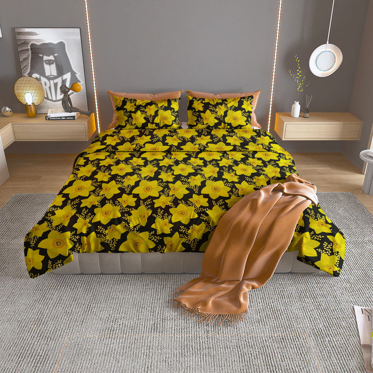 Mimosa And Daffodil Print Pattern Duvet Cover Bedding Set