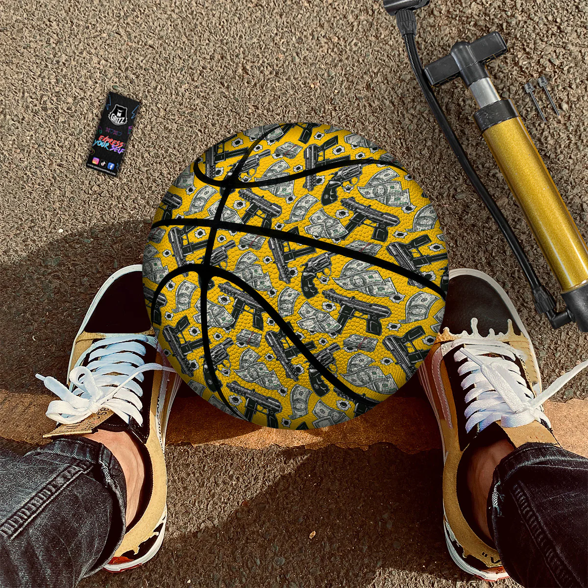Money And Weapon Vintage Print Pattern Basketball - Image 2
