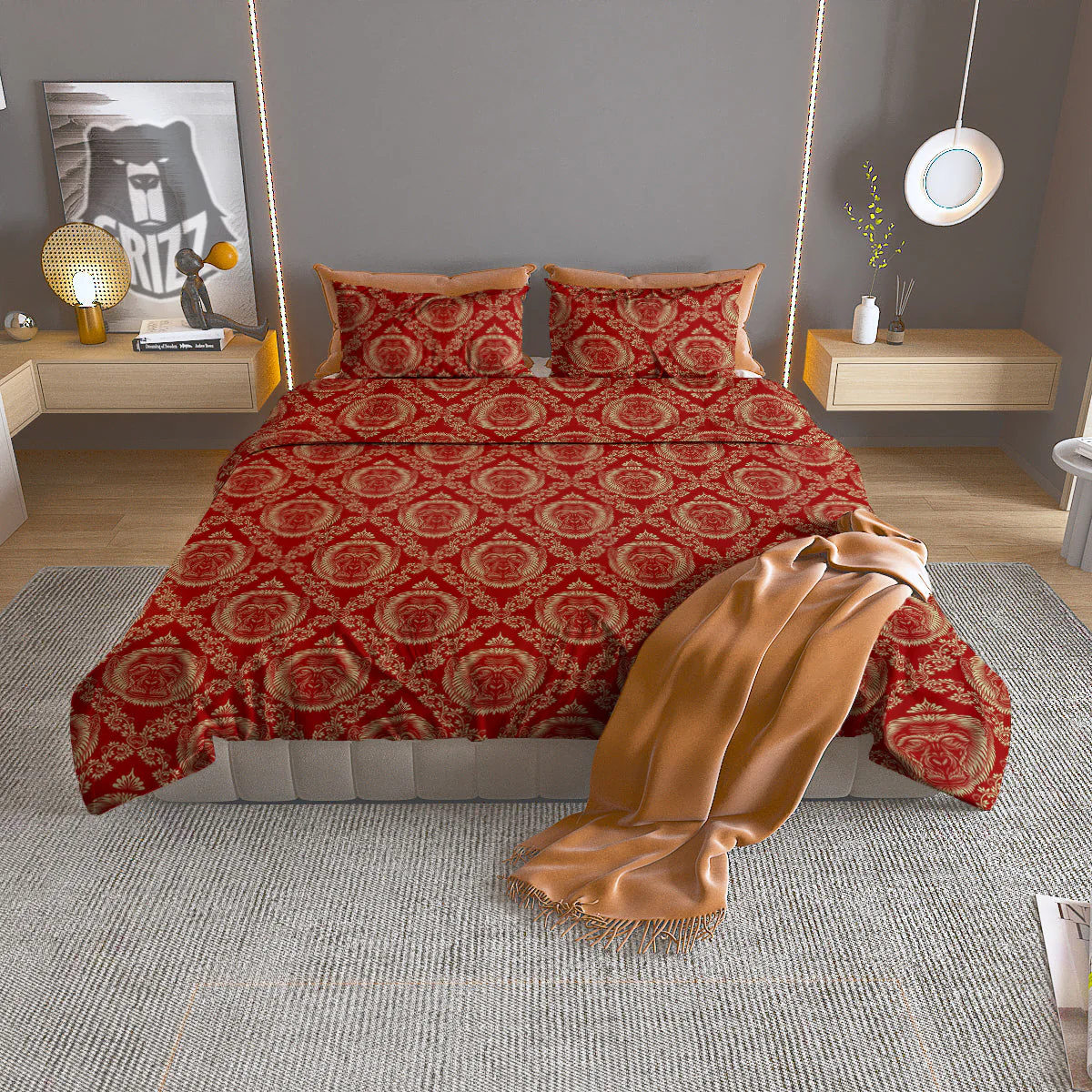 Monkey Head Floral Ornament Print Pattern Duvet Cover Bedding Set