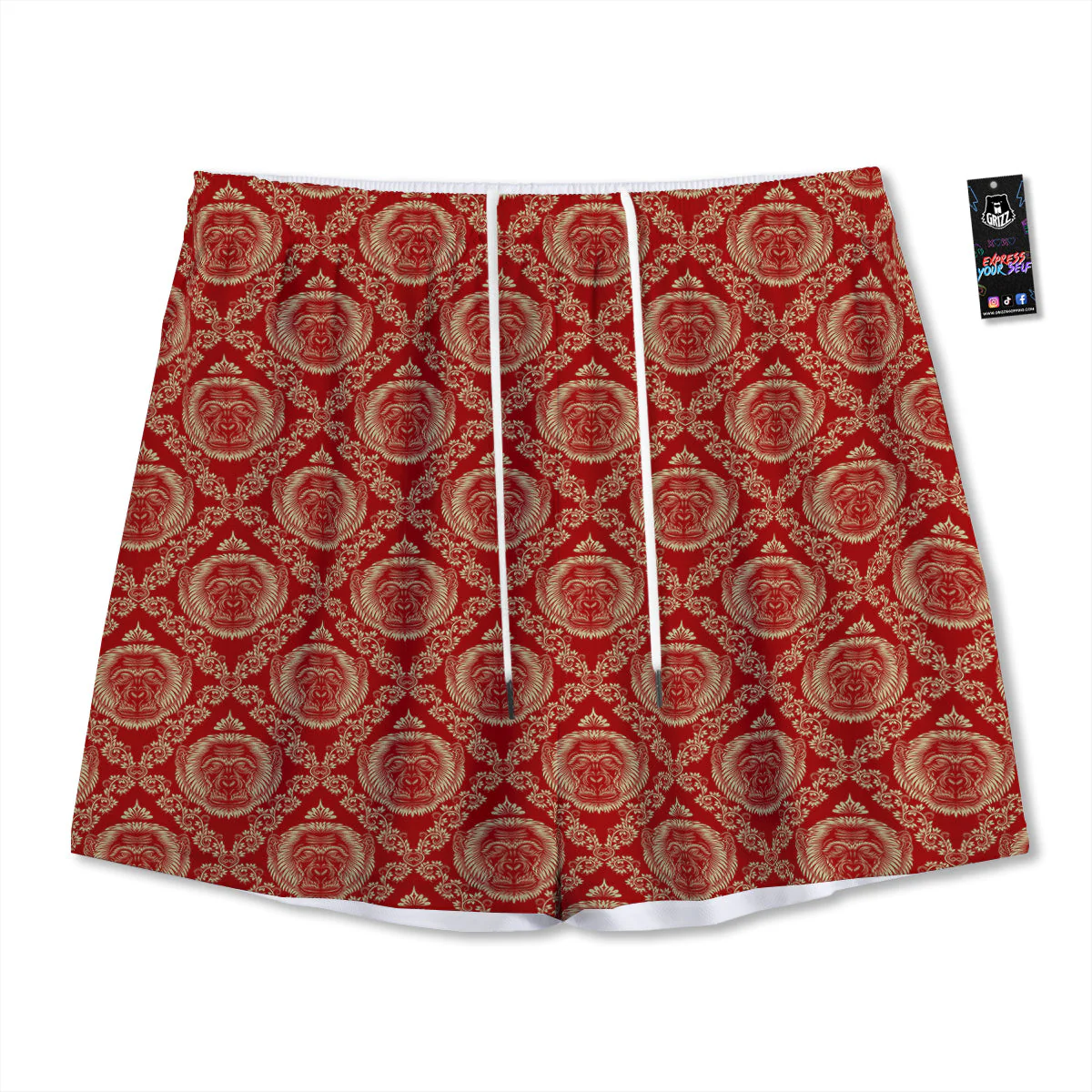 Monkey Head Floral Ornament Print Pattern Mesh Shorts
