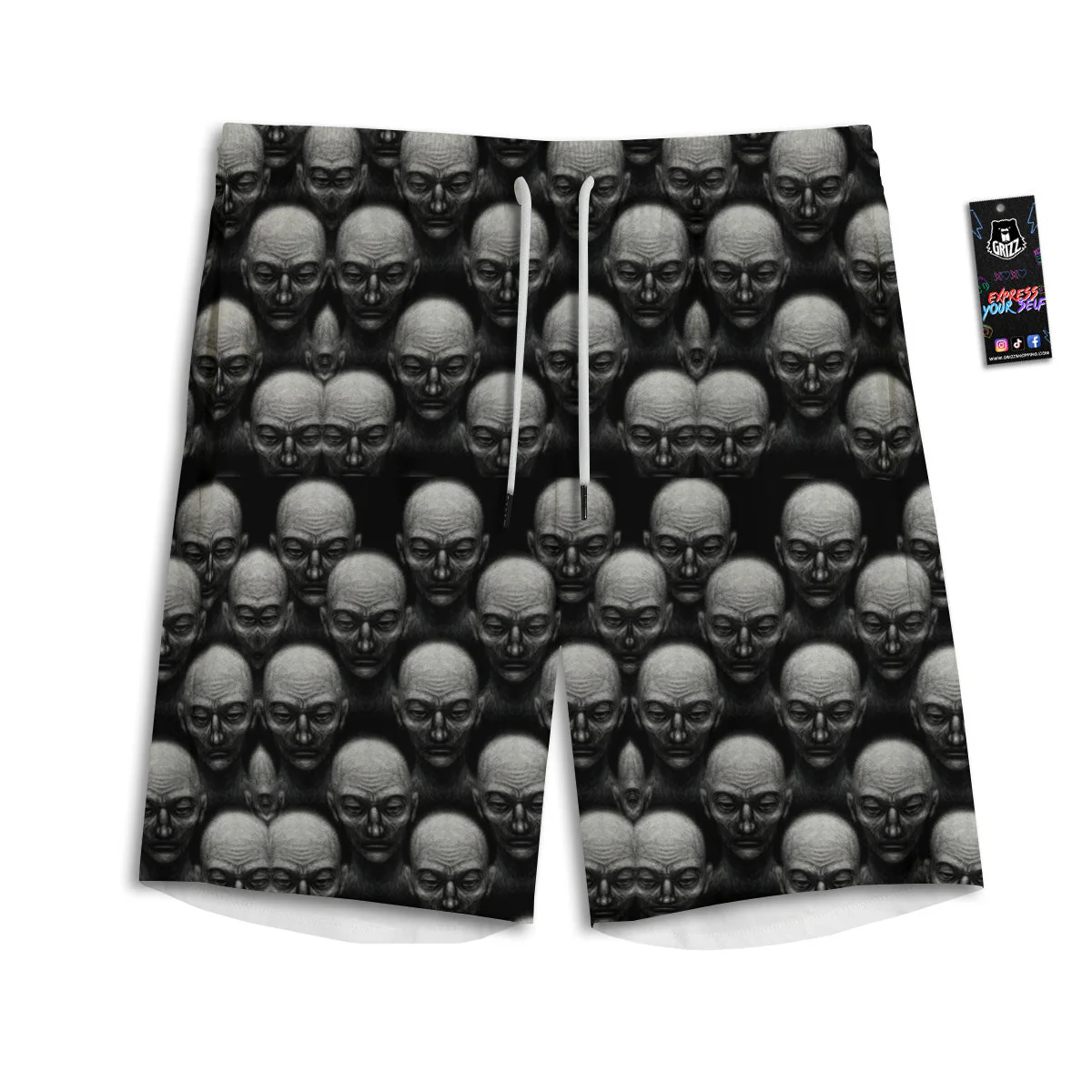 Monochrome Scary Faces Hand Drawn Print Pattern Men's Athletic Shorts