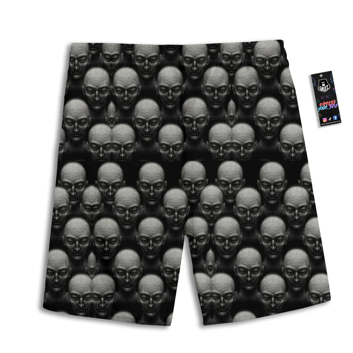 Monochrome Scary Faces Hand Drawn Print Pattern Men's Athletic Shorts - Image 2