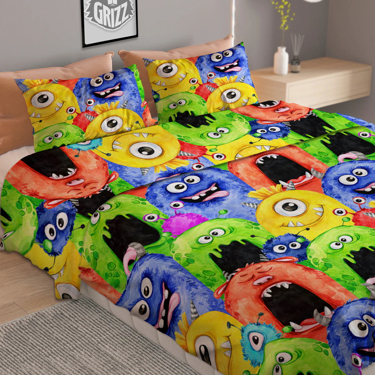 Monster Watercolor Print Pattern Duvet Cover Bedding Set - Image 2