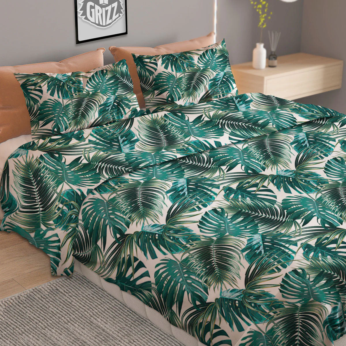 Monstera Leaves Palm Print Pattern Duvet Cover Bedding Set - Image 2