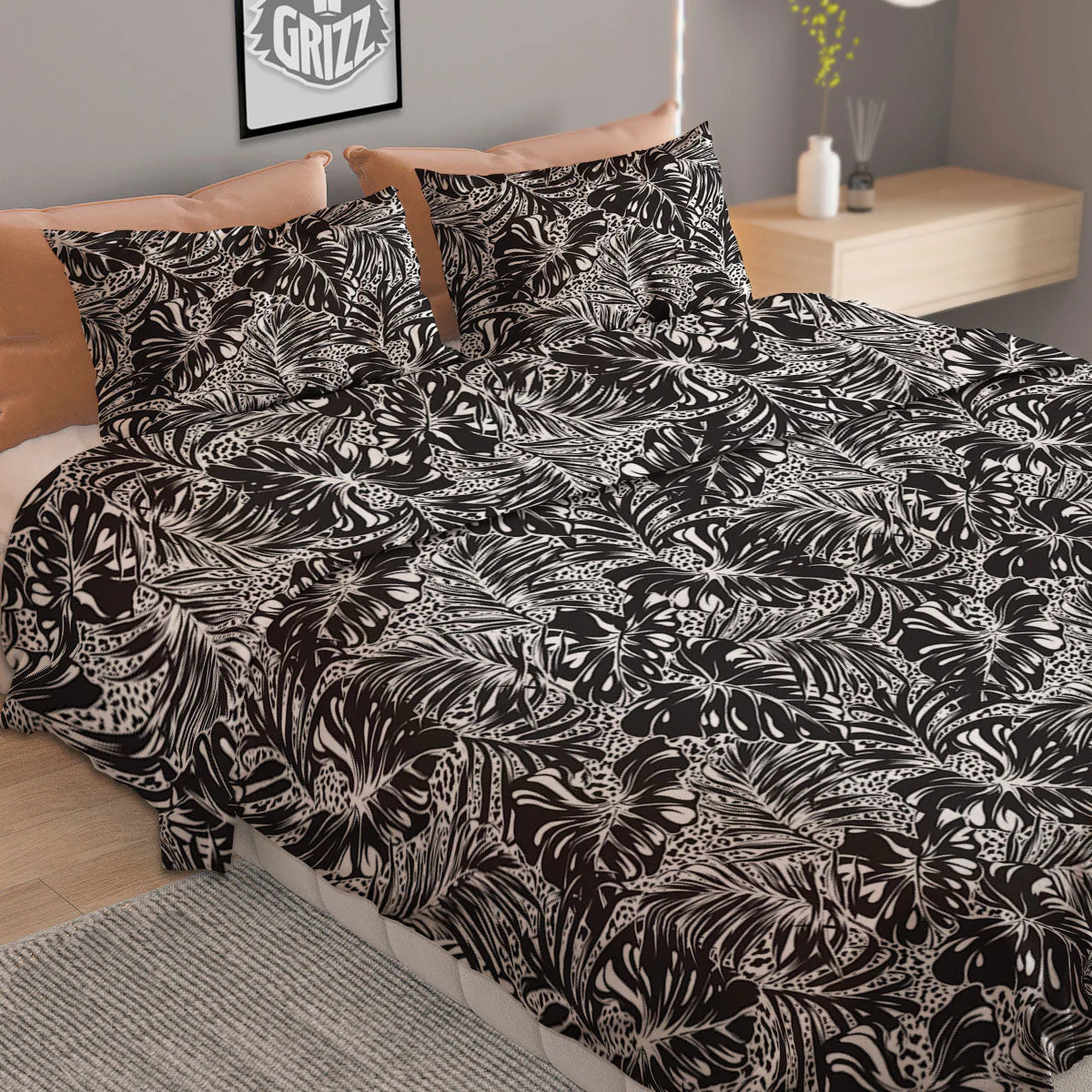 Monstera White And Black Print Pattern Duvet Cover Bedding Set - Image 2