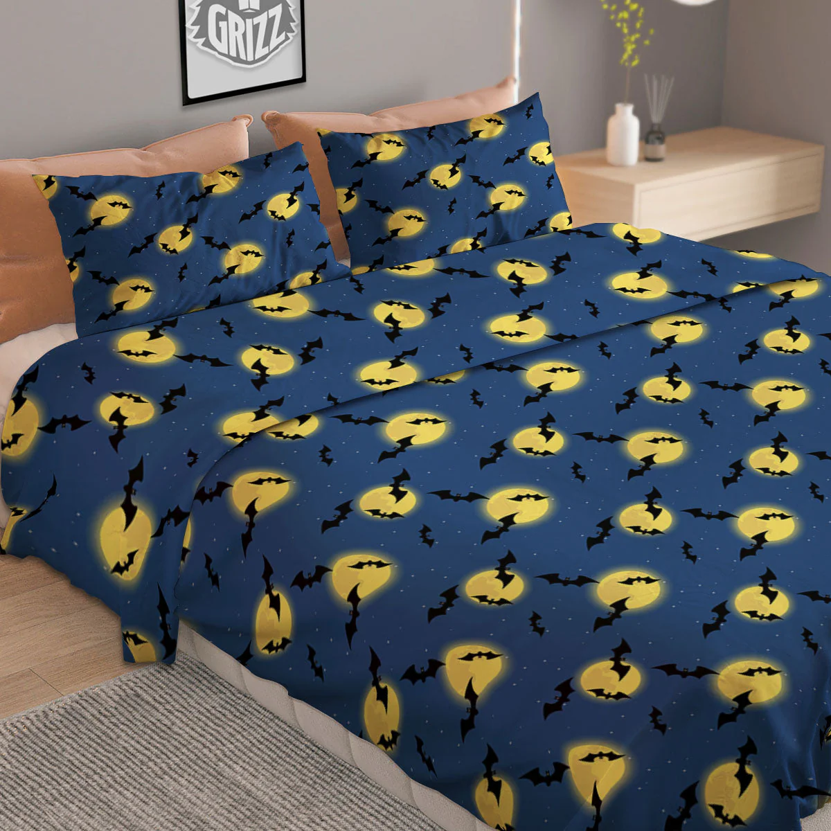 Moon And Bat Halloween Print Pattern Duvet Cover Bedding Set - Image 2