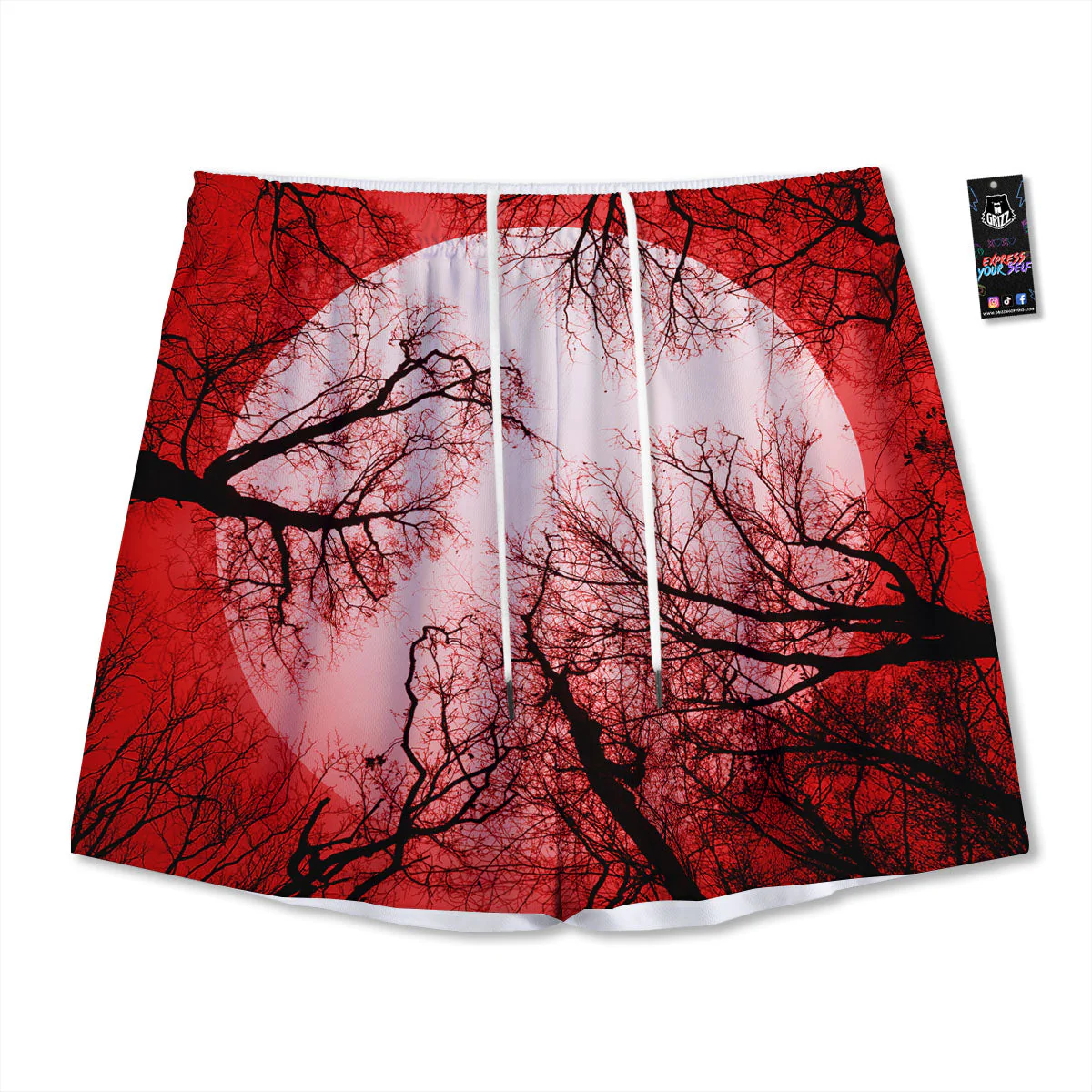 Moon And Horror Forest Print Mesh Shorts