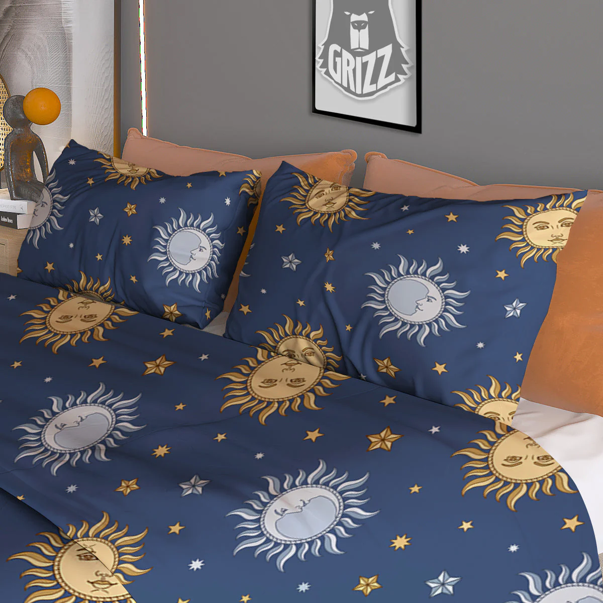 Moon And Vintage Sun Print Pattern Duvet Cover Bedding Set - Image 3