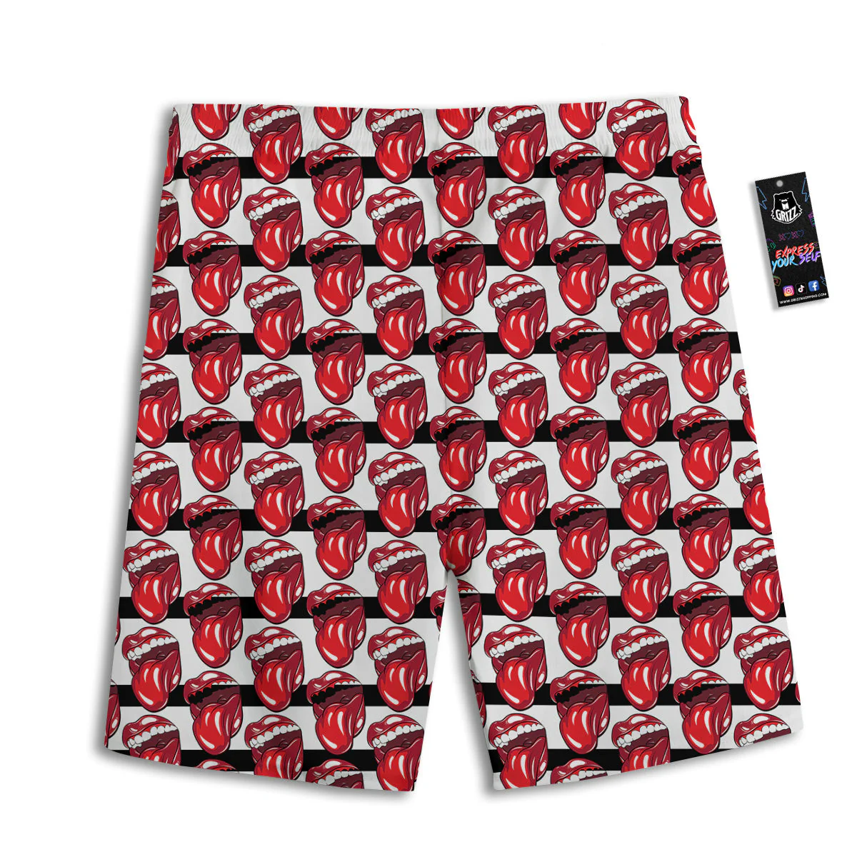 Mouth And Tongue Stripe Print Pattern Men's Athletic Shorts - Image 2