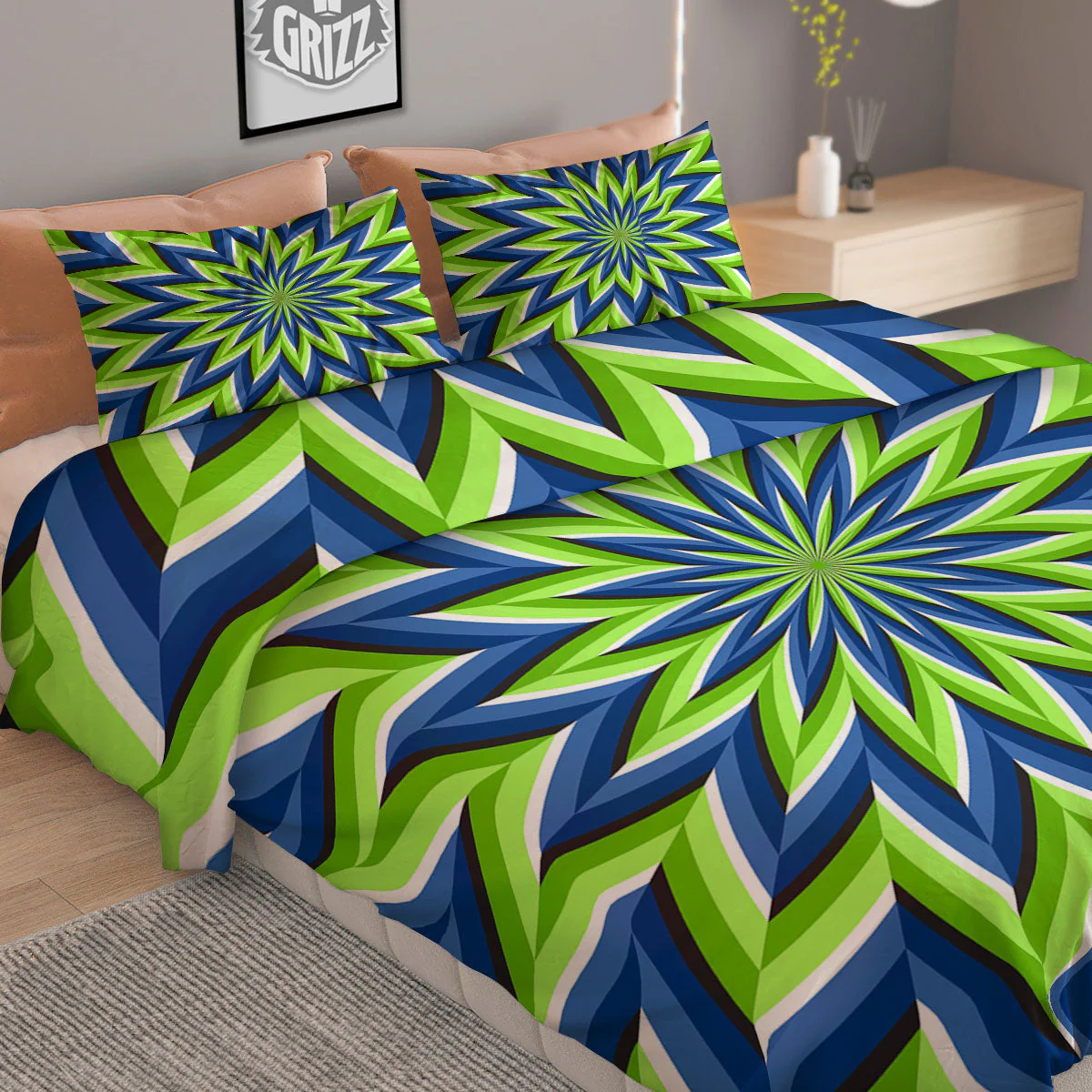 Moving Illusion Optical Green Flower Duvet Cover Bedding Set - Image 2