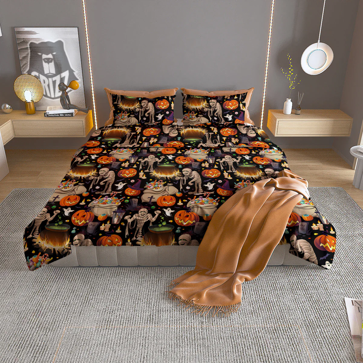 Mummy And Pumpkins Halloween Print Pattern Duvet Cover Bedding Set