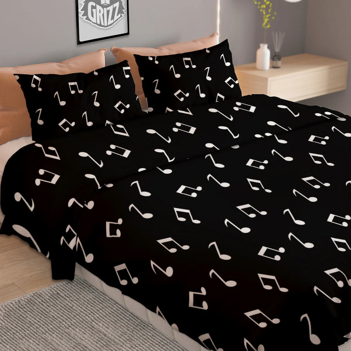 Music Note Black And White Print Pattern Duvet Cover Bedding Set - Image 2