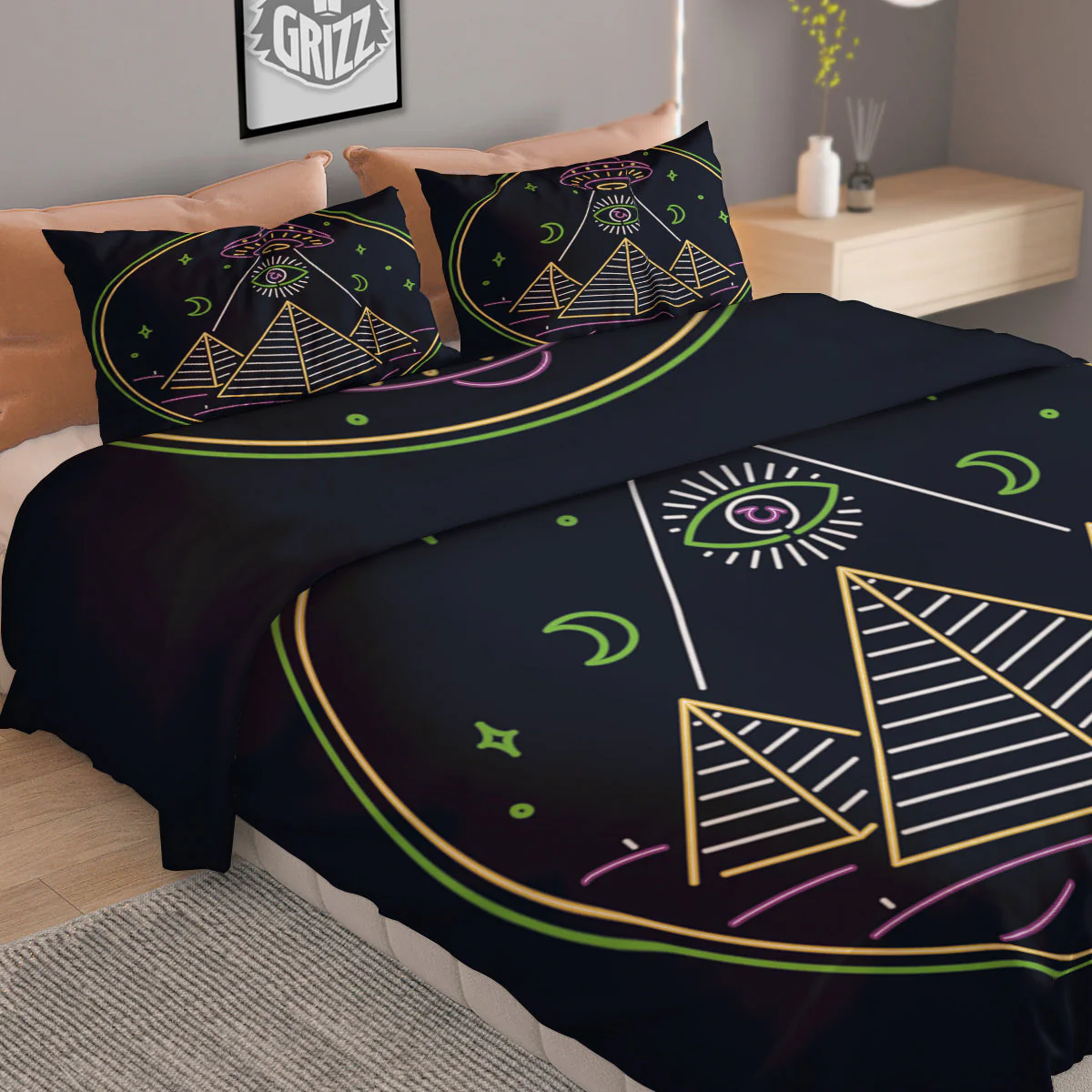 Mystery Of Egypt Neon Print Duvet Cover Bedding Set - Image 2
