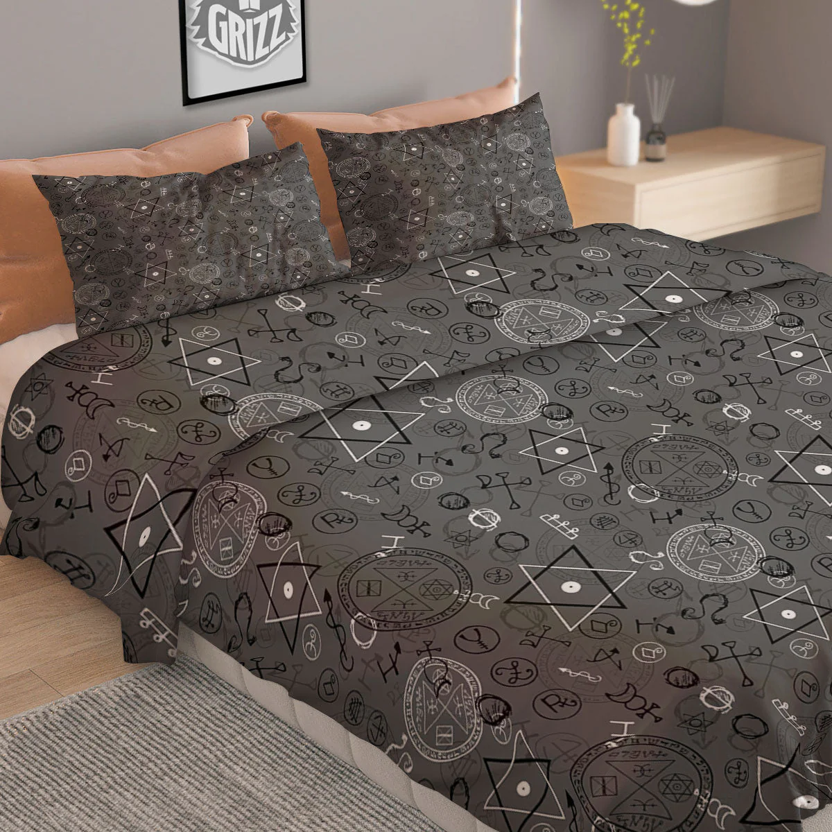 Mystical Wiccan Black And Grey Print Duvet Cover Bedding Set - Image 2
