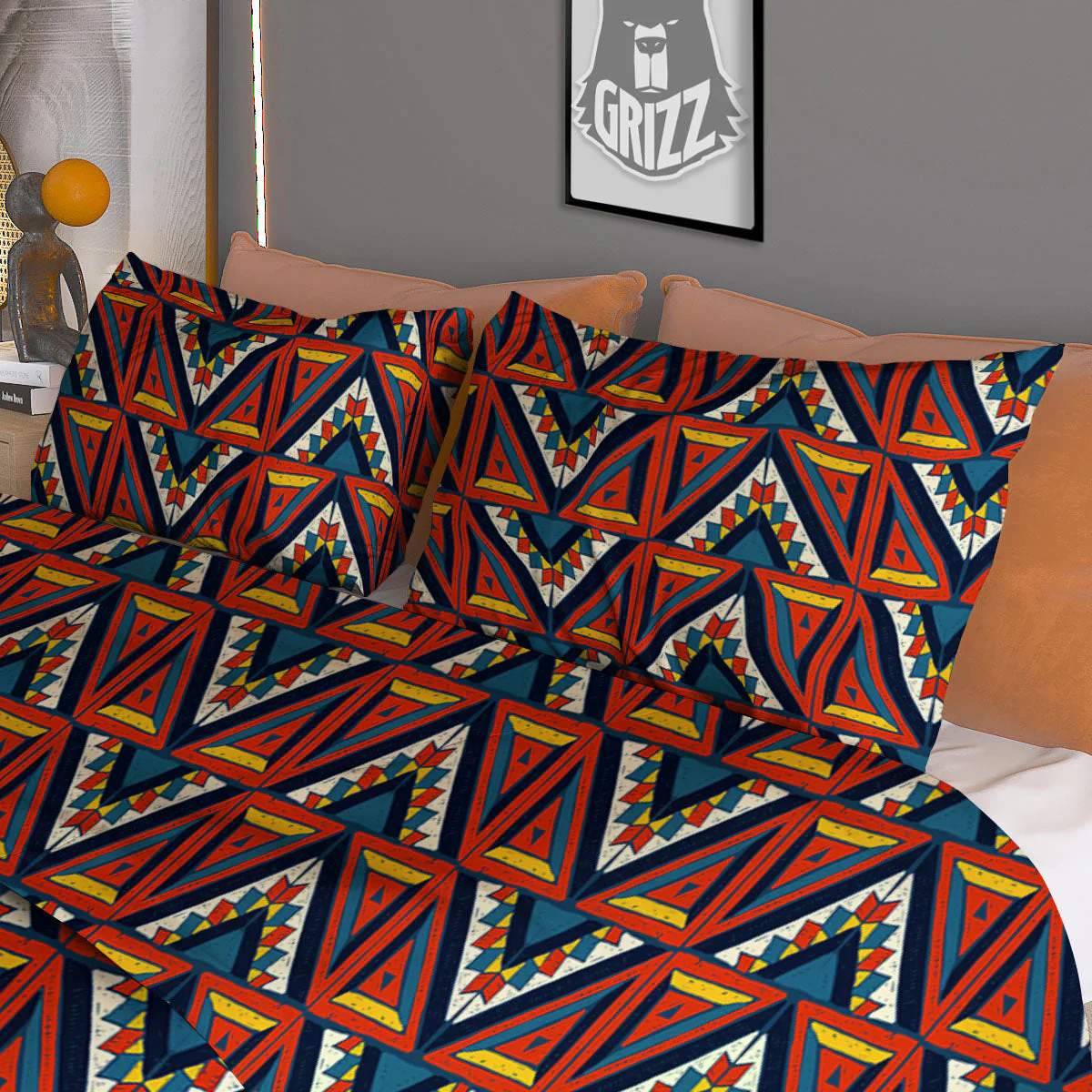 Native Tribal White And Red Print Duvet Cover Bedding Set - Image 3
