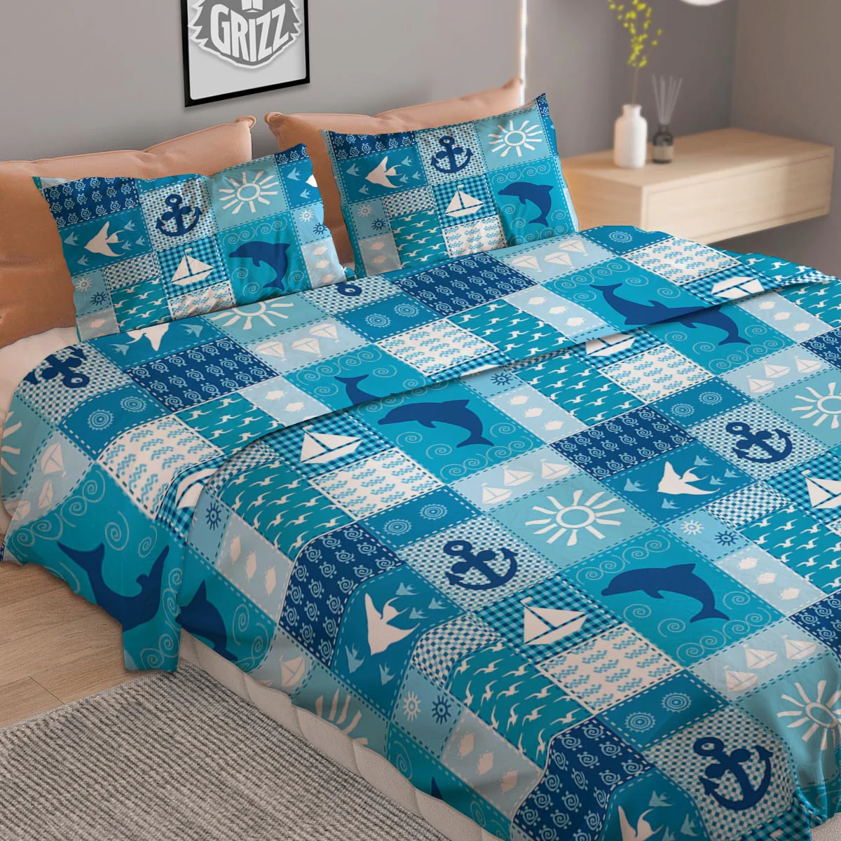 Nautical Sea Animal Patchwork Retro Print Pattern Duvet Cover Bedding Set - Image 2