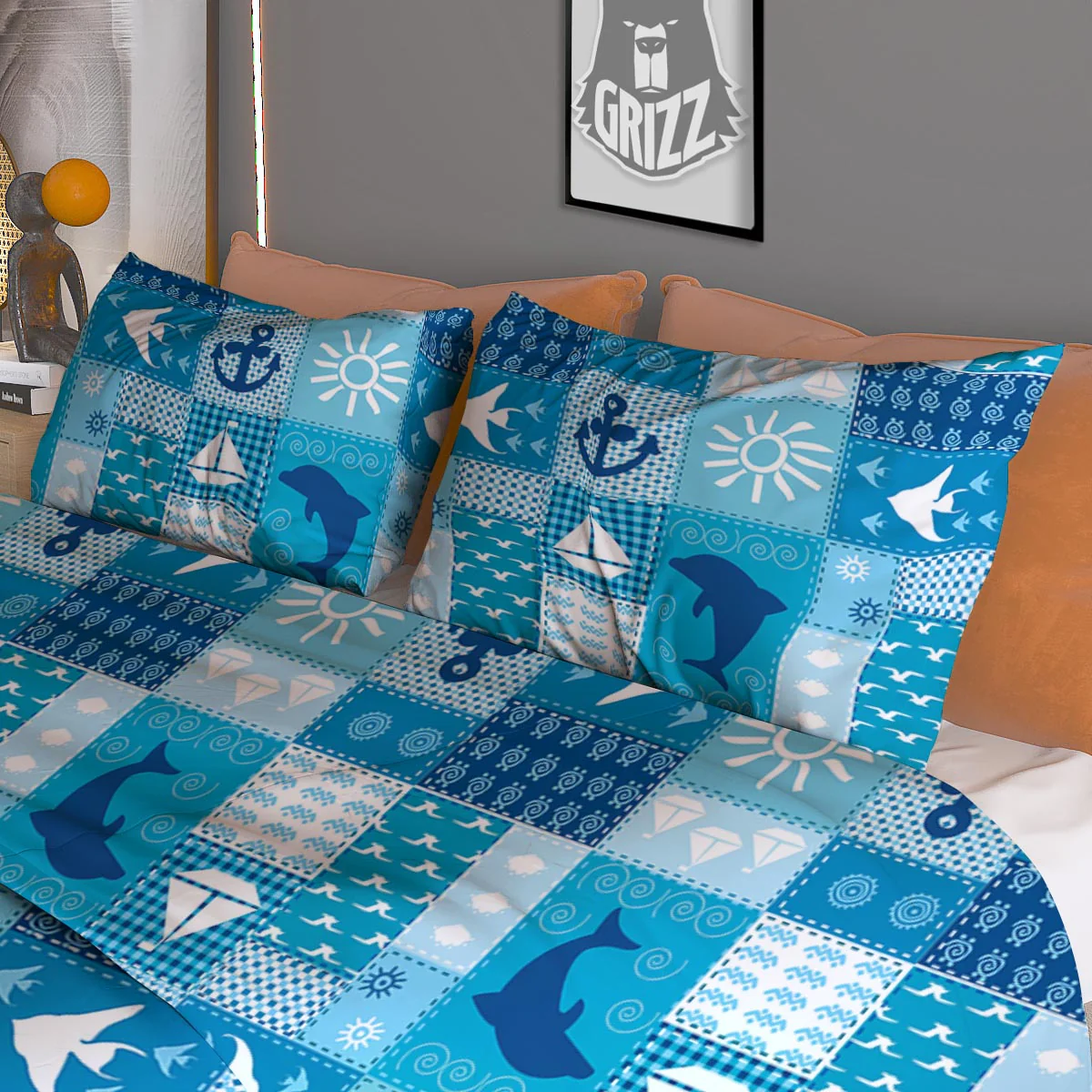 Nautical Sea Animal Patchwork Retro Print Pattern Duvet Cover Bedding Set - Image 3
