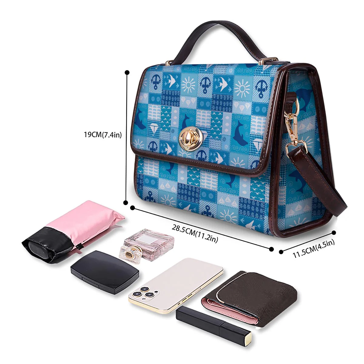 Nautical Sea Animal Patchwork Retro Print Pattern Women's Satchel Bag - Image 4