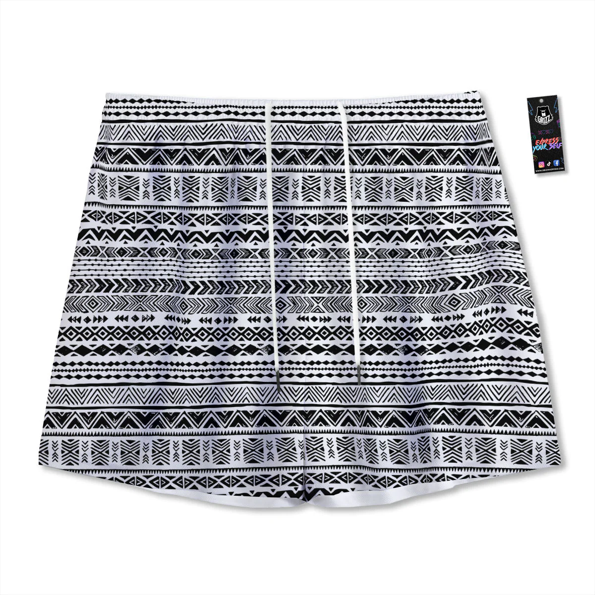 Navajo White And Black Print Pattern Mesh Shorts