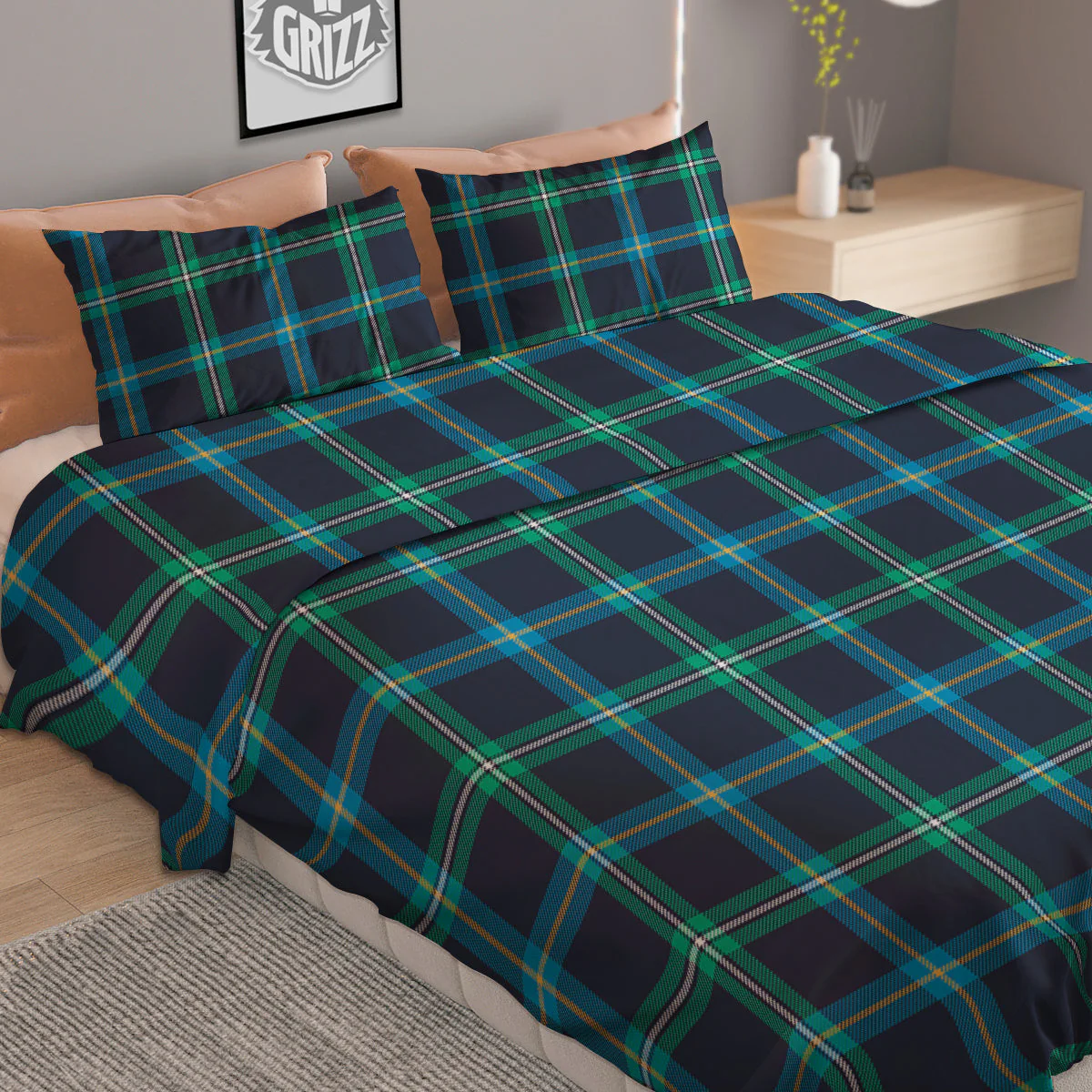 Navy Plaid And Blue Green Print Pattern Duvet Cover Bedding Set - Image 2
