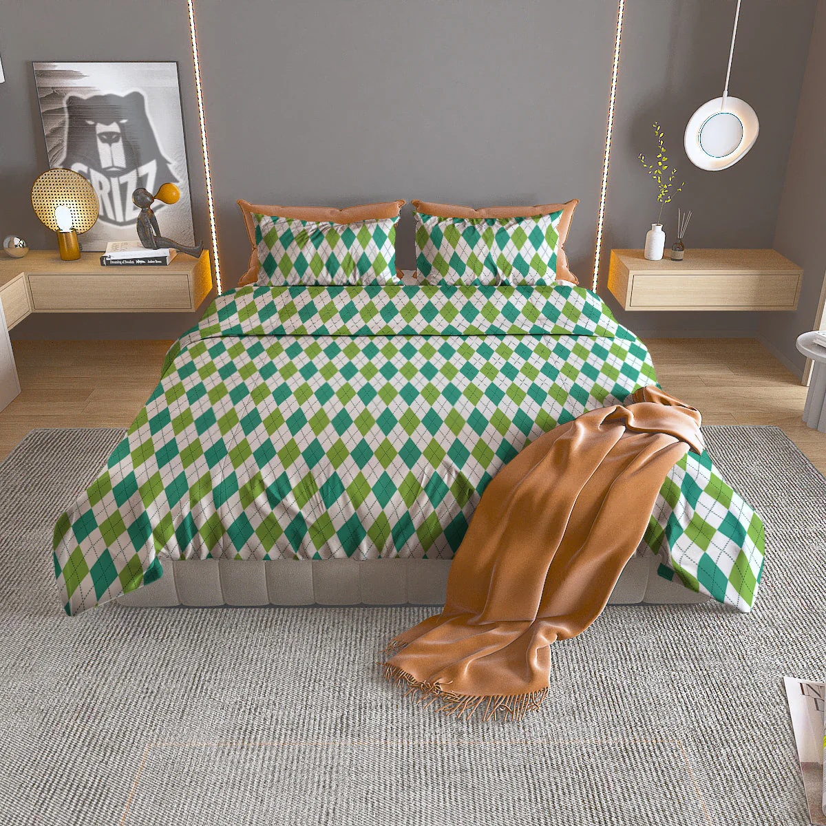 Navy White And Green Argyle Print Pattern Duvet Cover Bedding Set