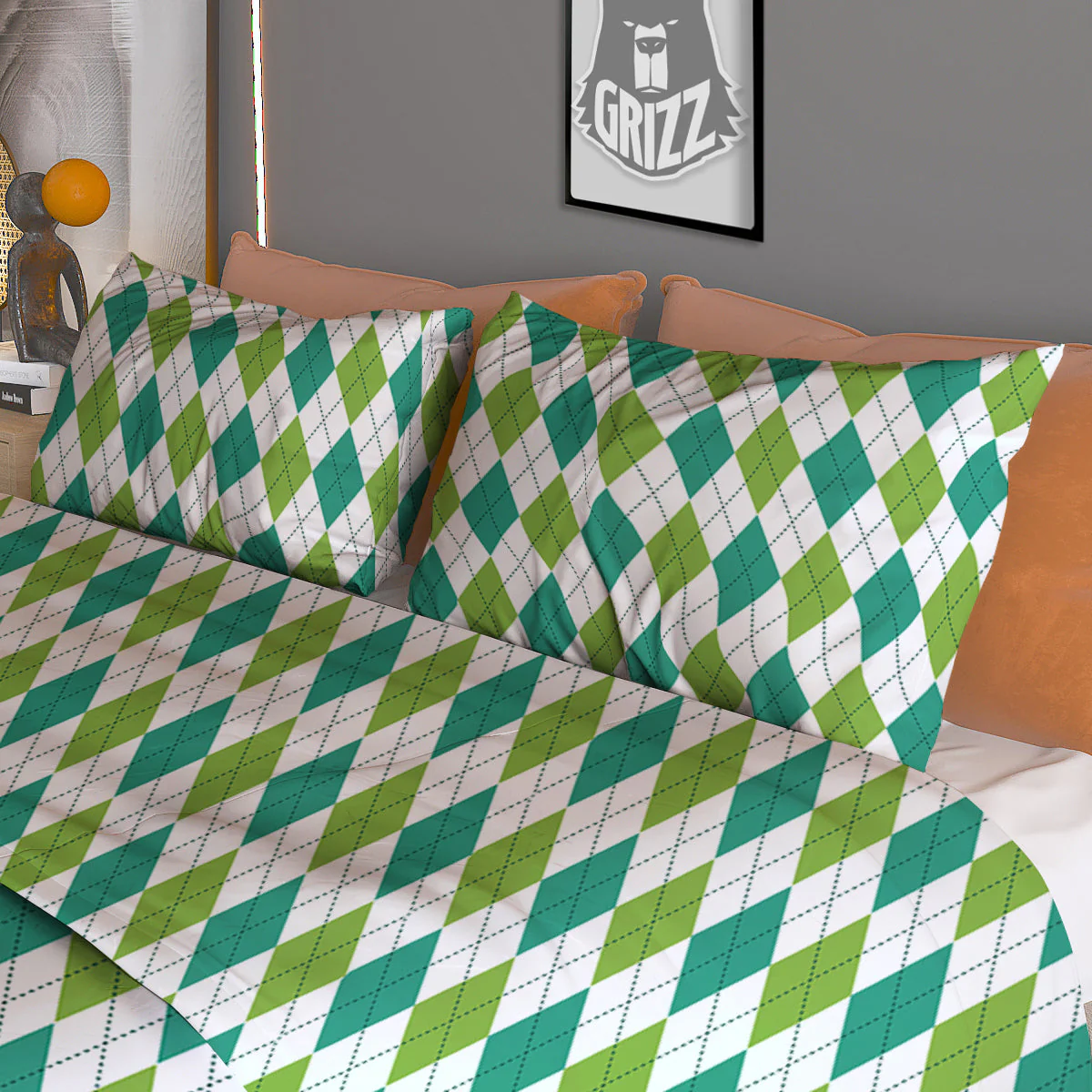 Navy White And Green Argyle Print Pattern Duvet Cover Bedding Set - Image 3