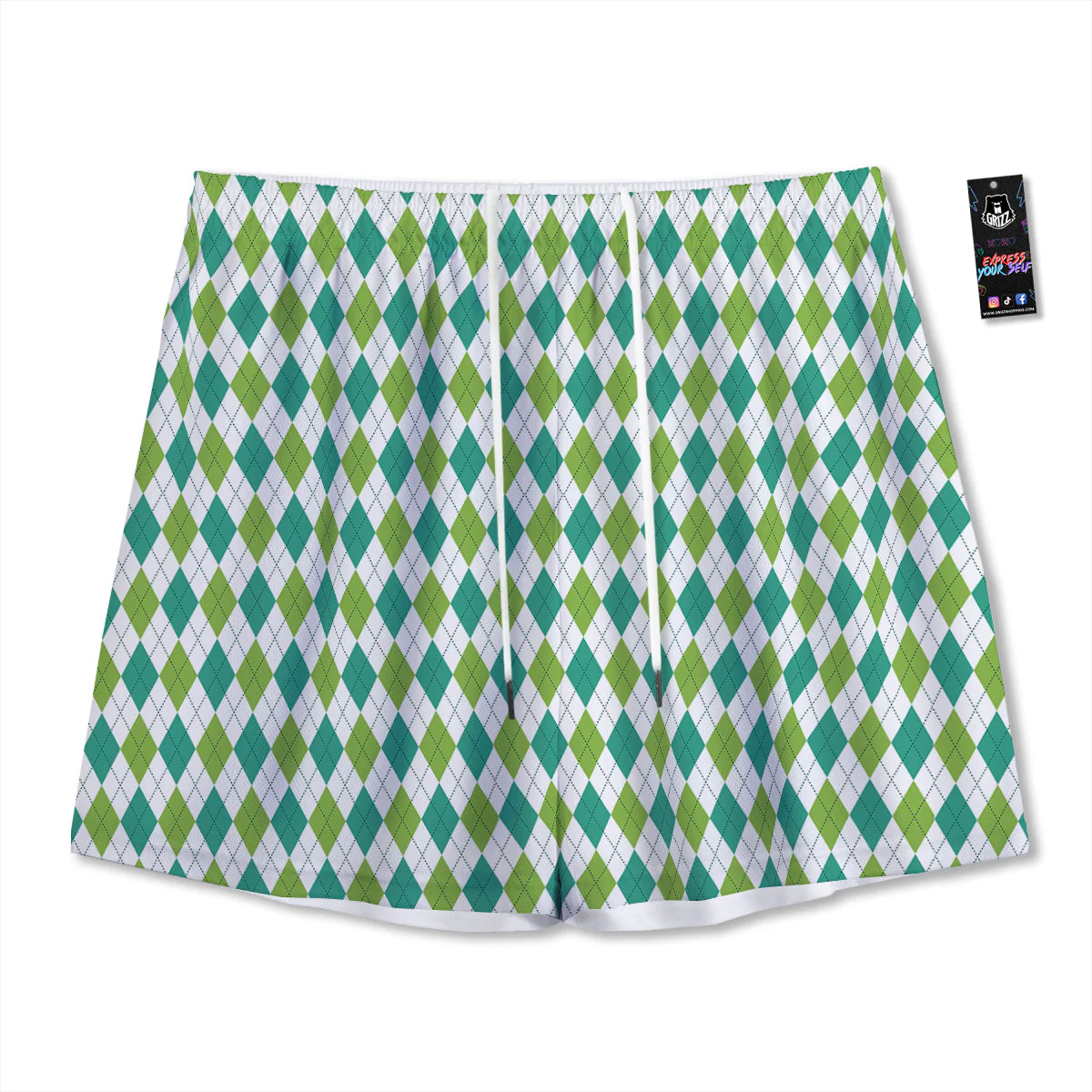 Navy White And Green Argyle Print Pattern Mesh Shorts