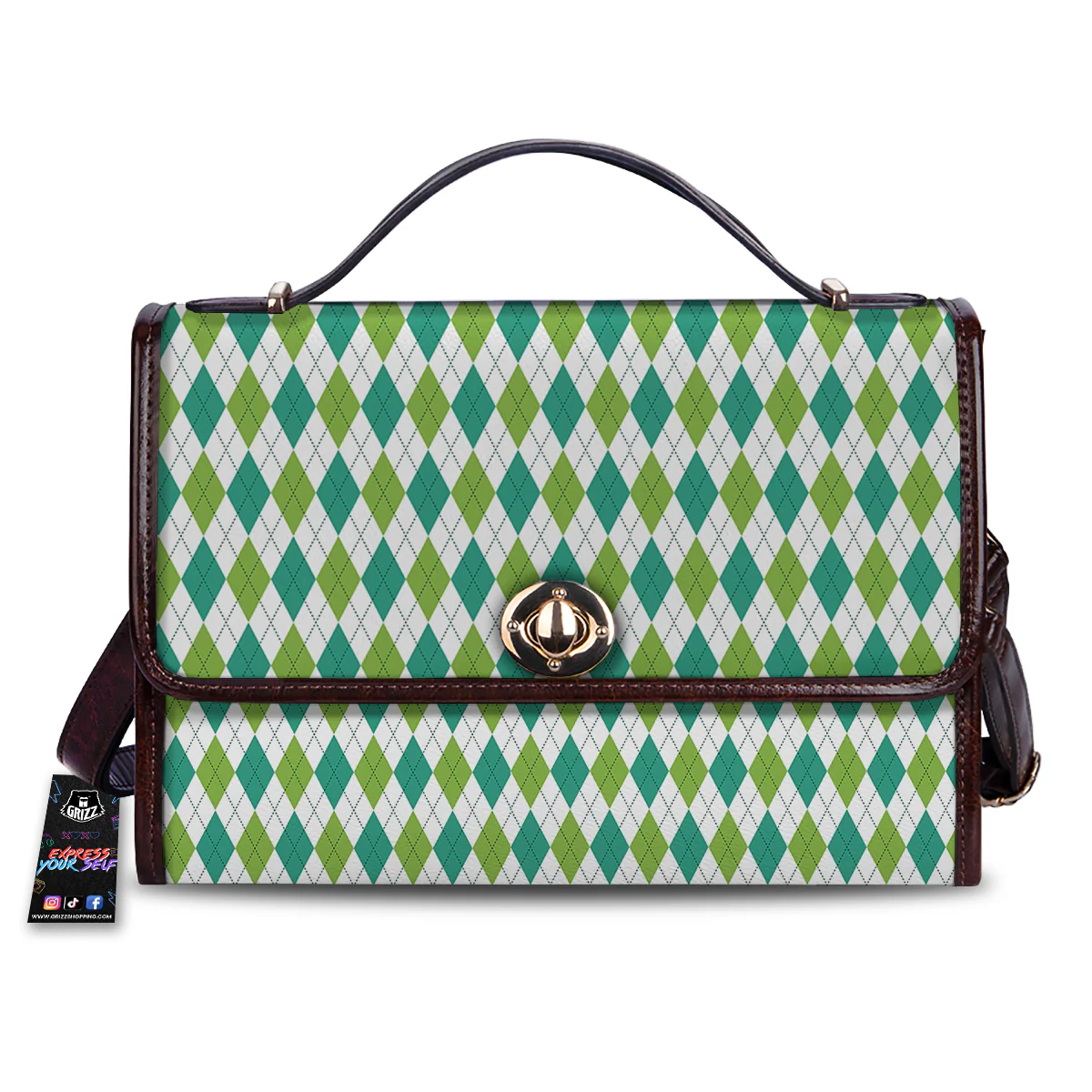 Navy White And Green Argyle Print Pattern Women's Satchel Bag