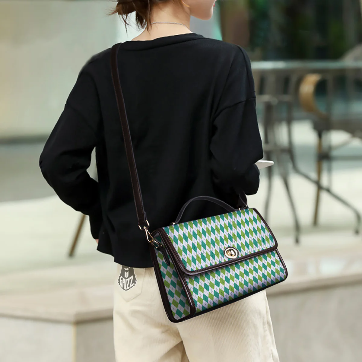Navy White And Green Argyle Print Pattern Women's Satchel Bag - Image 3