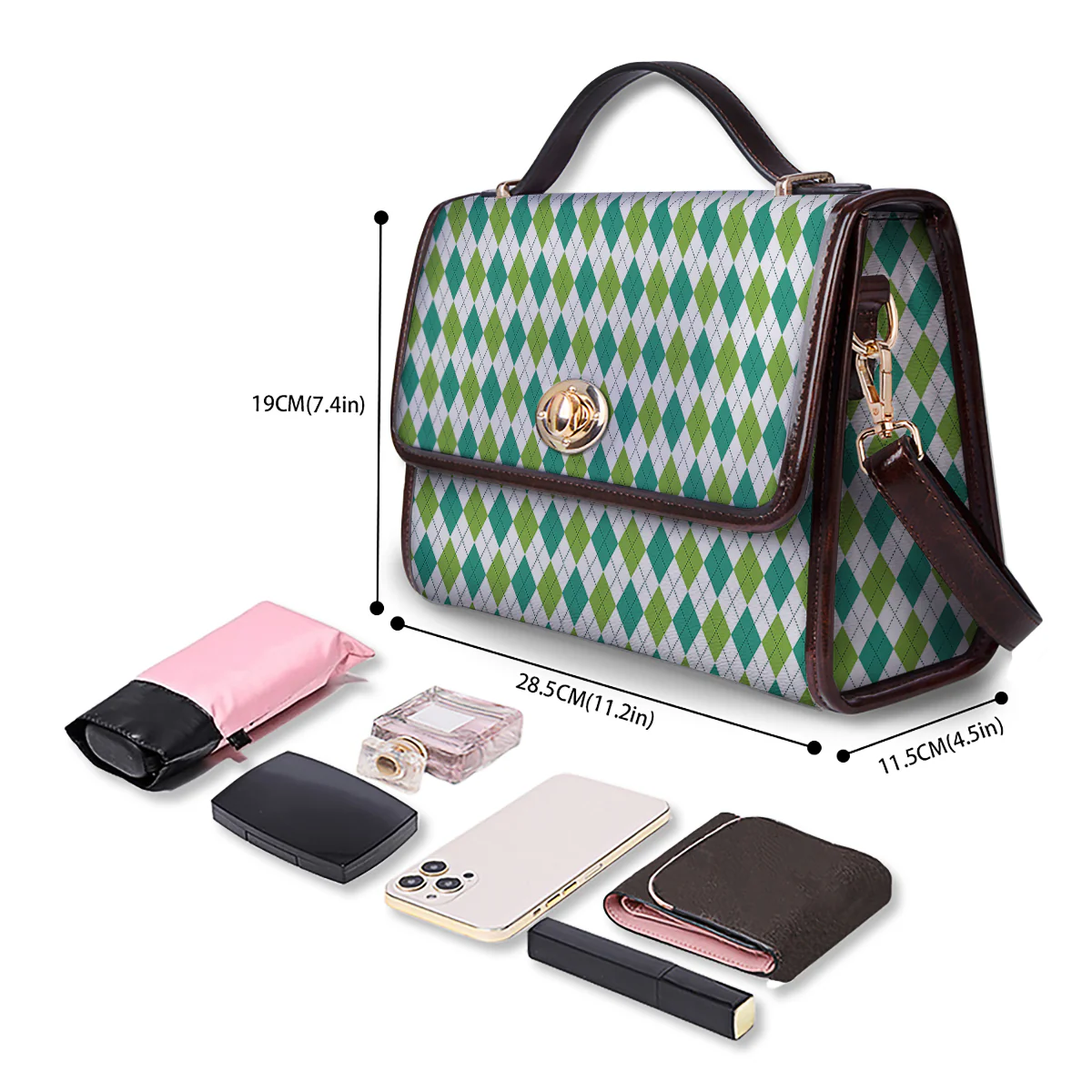 Navy White And Green Argyle Print Pattern Women's Satchel Bag - Image 4
