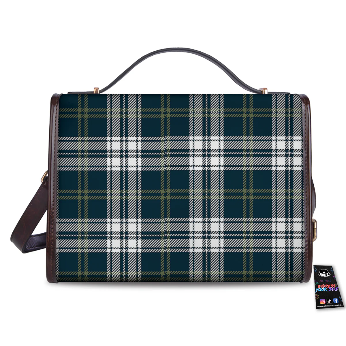Navy White And Green Plaid Print Pattern Women's Satchel Bag - Image 2